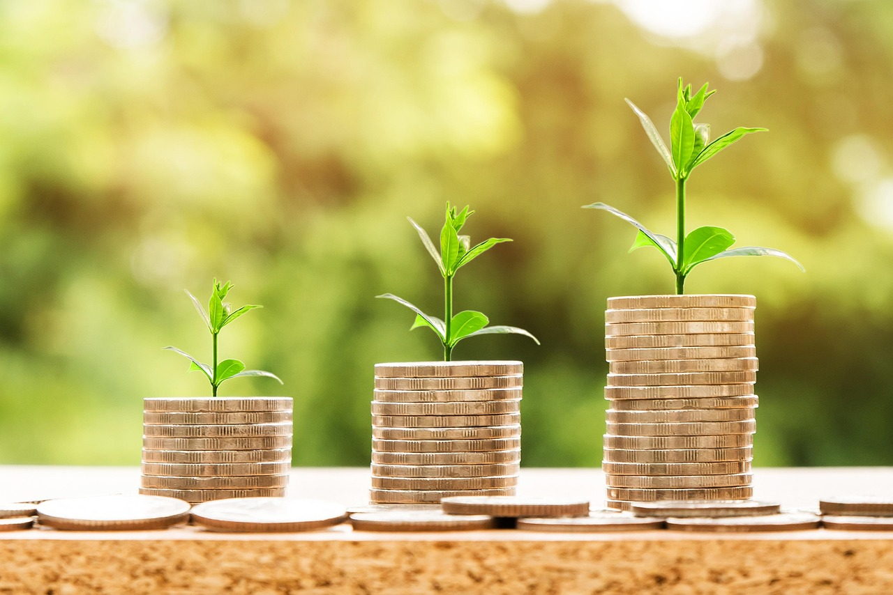 Three growing stacks of coins with green sprouts symbolising sustained growth
